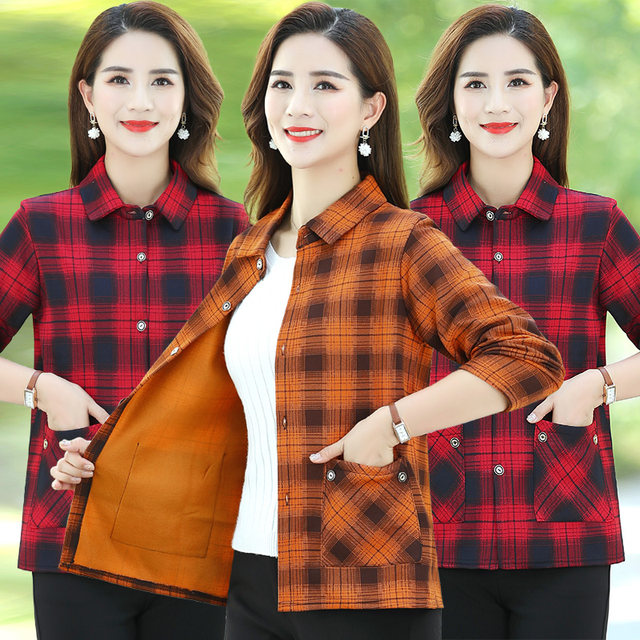 Mother's spring and autumn plaid shirt plus size 50-year-old middle-aged and elderly women's autumn and winter warm velvet shirt fashion jacket