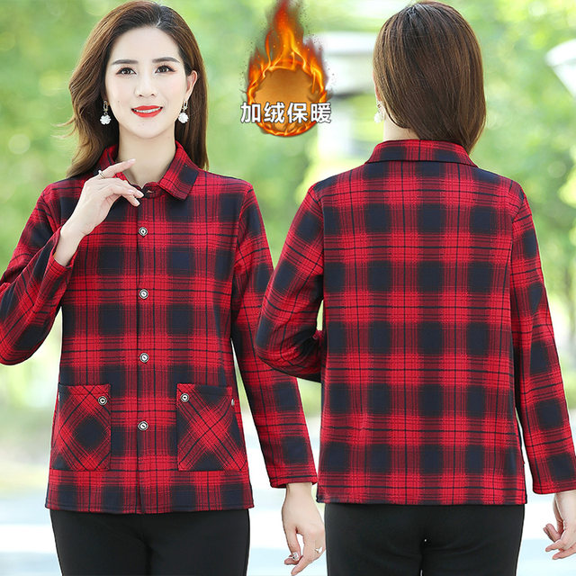 Mother's spring and autumn plaid shirt plus size 50-year-old middle-aged and elderly women's autumn and winter warm velvet shirt fashion jacket
