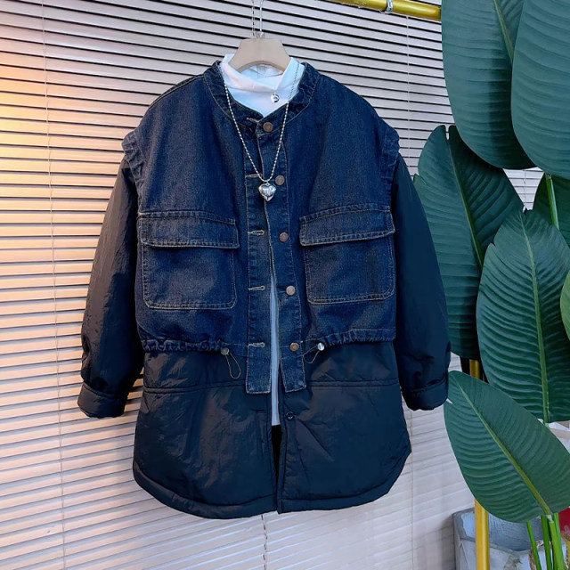 Add fat -size women's clothing stitching denim horsema fake two cotton jackets, fat sister in winter, leisure top tide