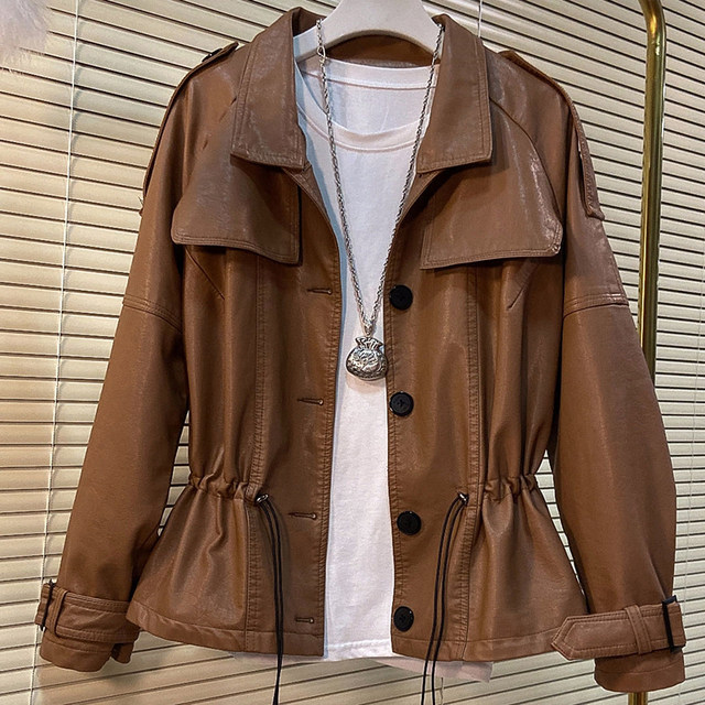 European stations, small fat sister solid color long-sleeved jacket, fashionable plus size women's PU leather cardigan versatile jacket