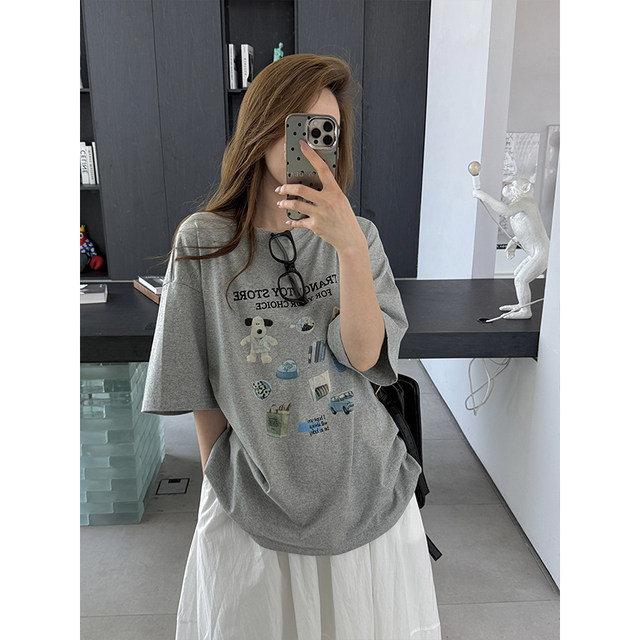 Momo Big Sister New Gray T-shirt Women's Loose Round Neck Top Cartoon Printed Half Sleeve Age Reducing Niche T-shirt