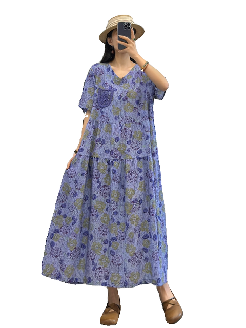 Summer new retro wind cotton sediment, short -sleeved V -neck dressing dress feminine large size thin A -line long skirt
