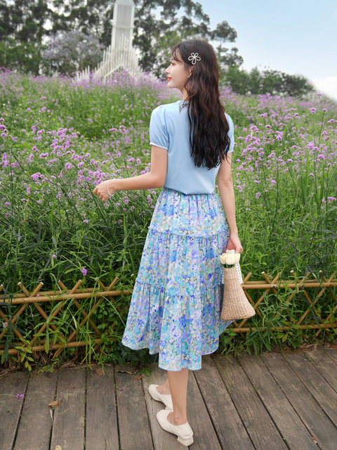 
ATAR2025 summer new skirt mid-length floral slim mid-length skirt pleated A-line women's short skirt