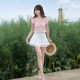 ATAR2025 Summer Women's Sweet Lace Spliced ​​Skirt High Waist Anti-Exposed Bow Cake Short Skirt
