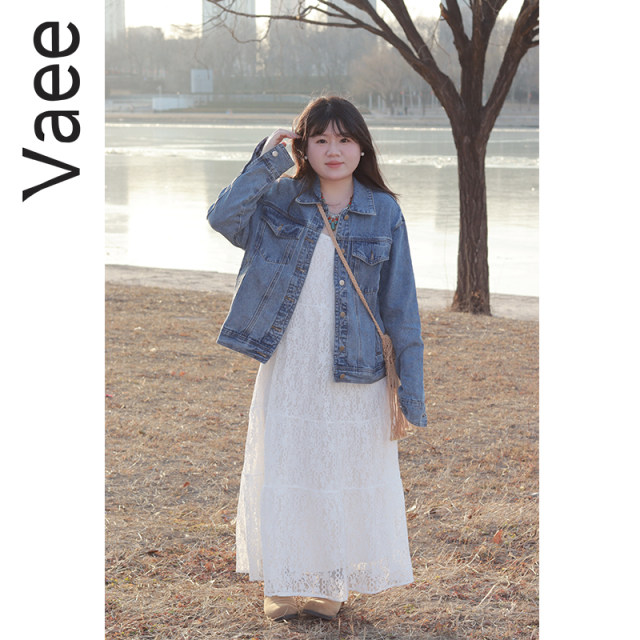 Vaee large size women's lace dress spring new fat mm vacation style lazy V-neck suspender skirt