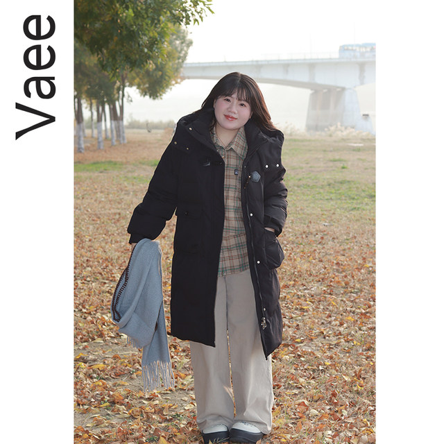 Vaee large size women's mid-length thickened down jacket for winter new fat mm windproof warm standing collar hooded jacket
