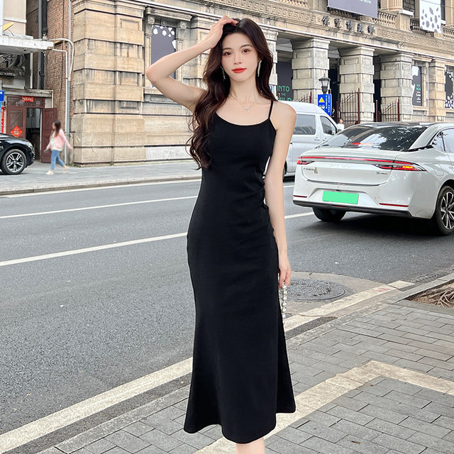 Black modal suspender dress for women 2025 spring and summer new style waist-hugging slim fishtail skirt base long skirt
