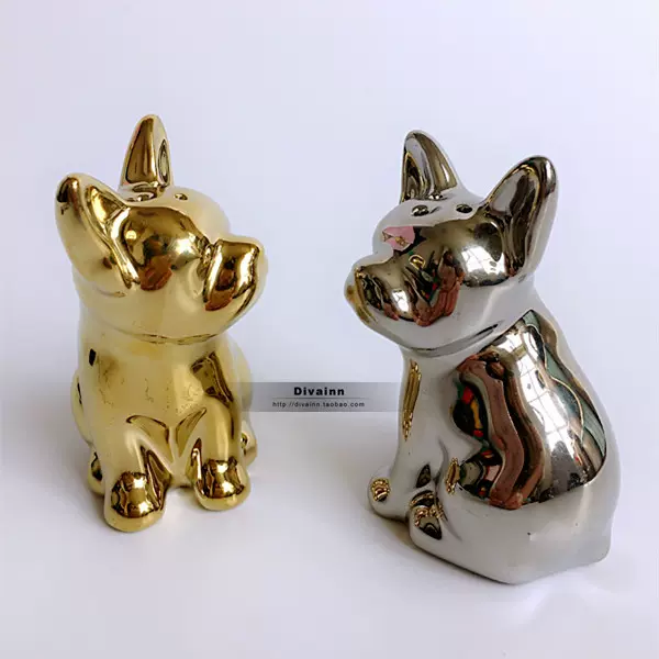 镀金镀银法国斗牛犬狗狗小调料罐作料瓶可放胡椒