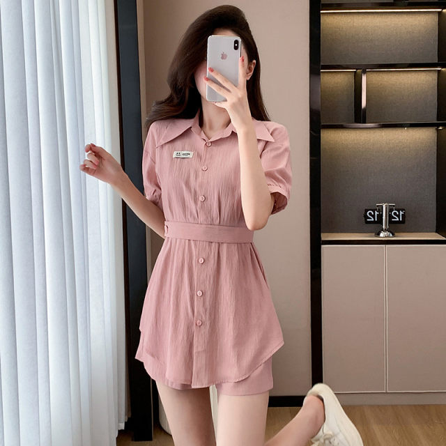 2025 summer fresh and casual age-reducing suit temperament polo collar shirt dress shorts two-piece set
