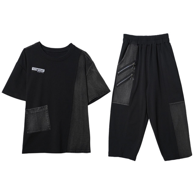 Large size fashion casual suit for women 2025 new summer fat MM loose spliced ​​denim short-sleeved pants two-piece set