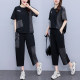 Large size fashion casual suit for women 2025 new summer fat MM loose spliced ​​denim short-sleeved pants two-piece set