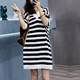 Fat people big size women's stripes medium long knit sweater skirt fat mm loose, thin V -neck sweater dress
