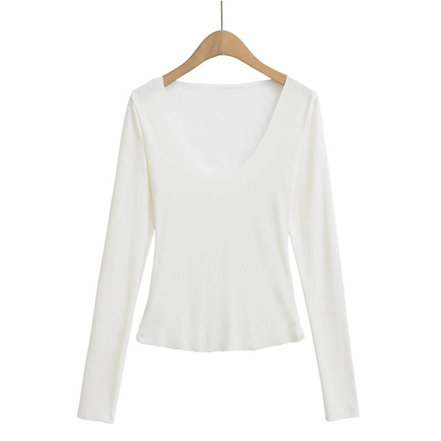 Little Ru European and American hot girl V-neck long-sleeved T-shirt ...