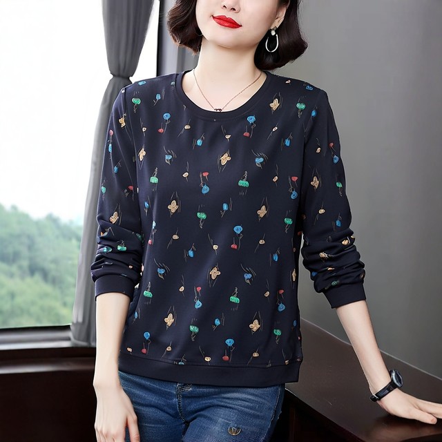 Middle-aged and elderly mothers' autumn long-sleeved 2025 new loose cotton women's tops thin floral printed T-shirts