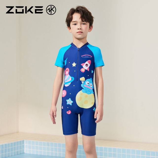 Chauke children's swimsuit one-piece boxer short-sleeved sunscreen zoke half-fish boy swimming training quick-drying middle and older children