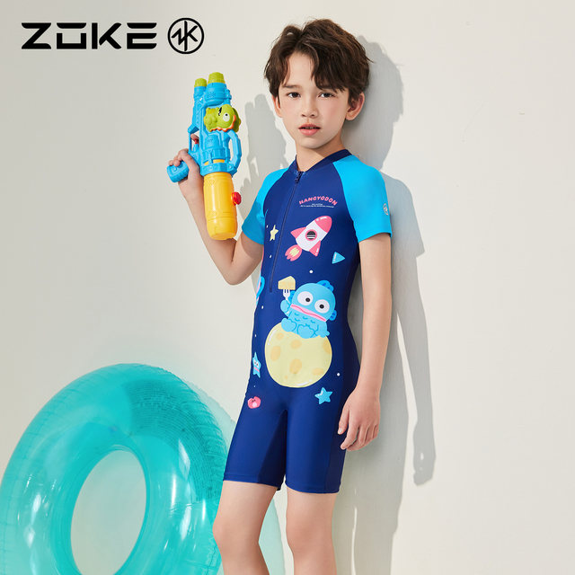 Chauke children's swimsuit one-piece boxer short-sleeved sunscreen zoke half-fish boy swimming training quick-drying middle and older children