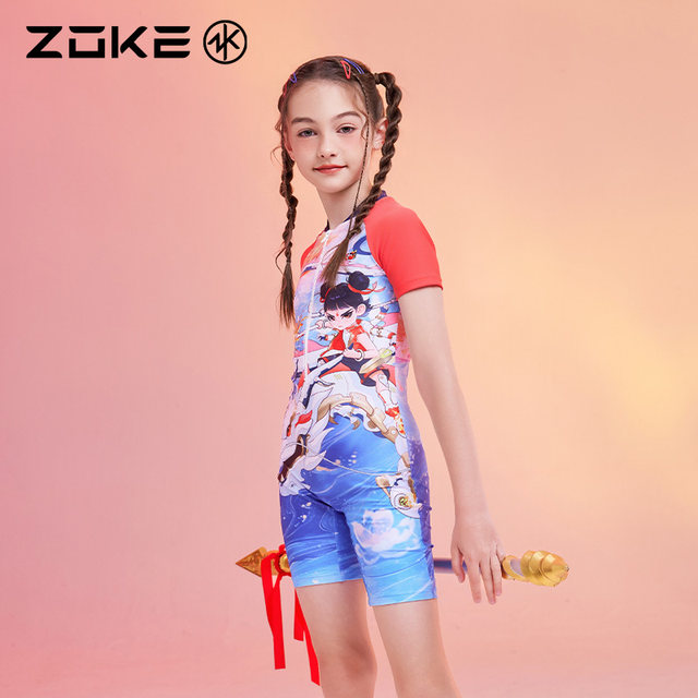 Zhouke children's swimsuit one-piece flat corner short-sleeved sun protection zoke Nezha swimming training boy quick-dry girl swimsuit