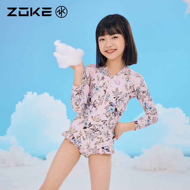 Zhouke children's swimsuit one-piece triangle long-sleeved sun protection zoke girls vacation swimming quick-drying hot spring princess swimsuit
