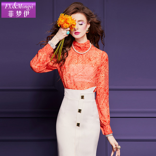 
Fei Mengyi printed design shirt women's long-sleeved spring outfit high-end fashionable and light and transparent small top