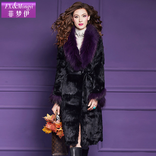 Feimengyi raccoon fur collar rabbit fur one-piece fur coat for women winter high quality light luxury wide coat for women