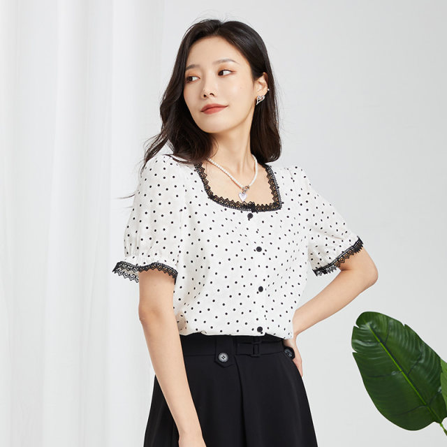 Jinyuan short chiffon shirt for women 2022 summer new fashion polka dot lace square collar short sleeve top A222122