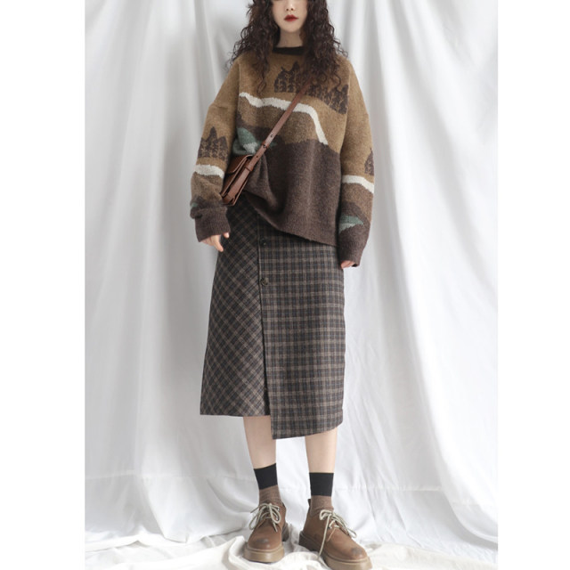 Large size skirt fairy-looking women's sweet 2025 new autumn and winter slim brown plaid high-waisted A-line skirt mid-length