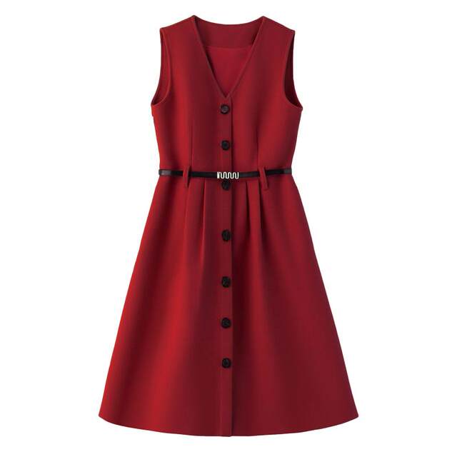 Smaller popular red V-neck skirt 2025 spring and autumn new slim woolen vest skirt sleeveless dress