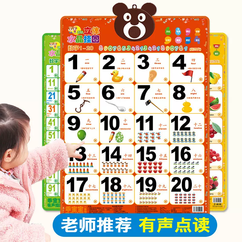 乖宝宝儿童1到100数字挂图有声认数卡片婴幼儿园认识早教墙贴点读-Taobao