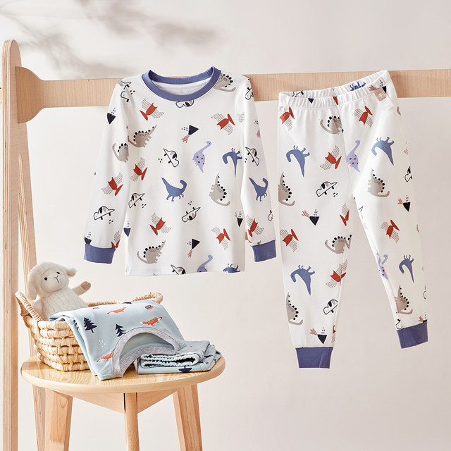 David Bella Children's Autumn Clothes and Autumn Pants Boys' Pajamas Warm Set Pure Cotton Autumn Baby Underwear Linens Category A