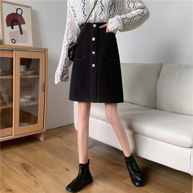 Large size pocket skirt mid-length A-line skirt spring and summer new black high-waisted versatile suit slimming one-step skirt