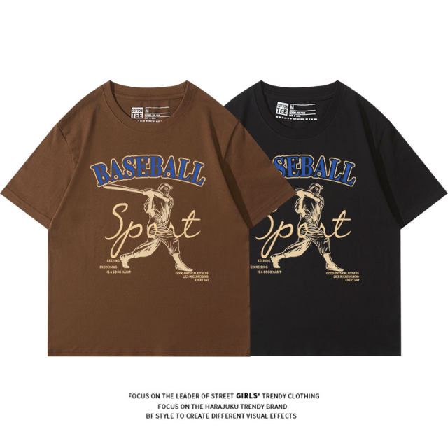 JKTee niche American retro brown positive shoulder thin short -sleeved T -shirt women loose white and Korean version of couple dress half -sleeved
