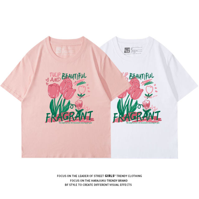 Salt-sweet girl style sweet cool super hot shoulder pink short-sleeved T-shirt for women loose white students half-sleeved top
