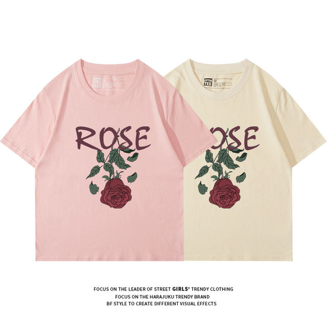 American street trend brand pink short -sleeved T -shirt female 2024 early spring new loose cotton positive shoulder half -sleeved top
