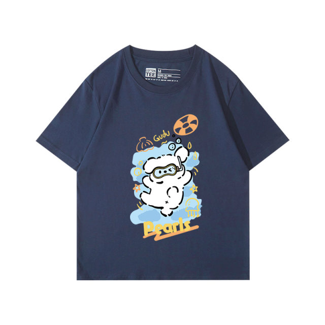 Korean Tibetan blue short -sleeved T -shirt Female niche cute style cartoon reduction, age -shoulder pure cotton student half -sleeved shirt summer
