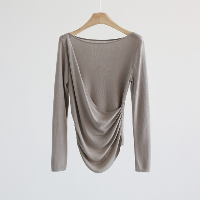 Chunzhi temperament, one-shoulder slanted collar waist-closed long-sleeved sweater solid color tensile pullover base shirt women's top