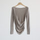 Chunzhi temperament, one-shoulder slanted collar waist-closed long-sleeved sweater solid color tensile pullover base shirt women's top