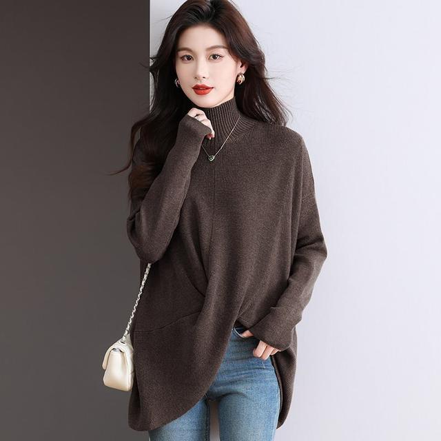 Autumn half-high neck lazy style design wool sweater for women 2024 loose large-size top bat sleeve sweater

