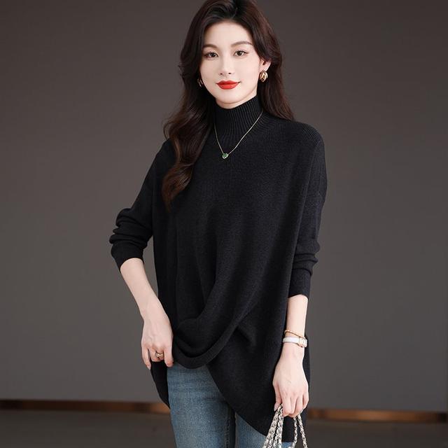 Autumn half-high neck lazy style design wool sweater for women 2024 loose large-size top bat sleeve sweater
