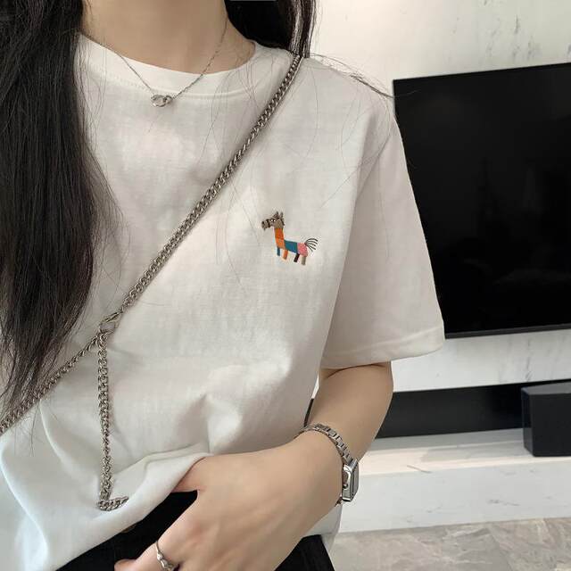 Embroidered pony pure cotton white short-sleeved T-shirt for women 2025 new student large size loose versatile couple outfits for men and women
