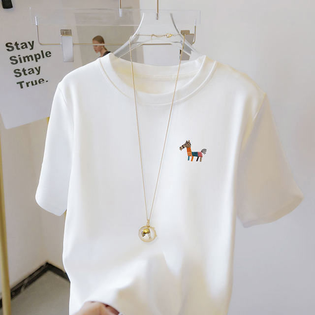 Embroidered pony pure cotton white short-sleeved T-shirt for women 2025 new student large size loose versatile couple outfits for men and women
