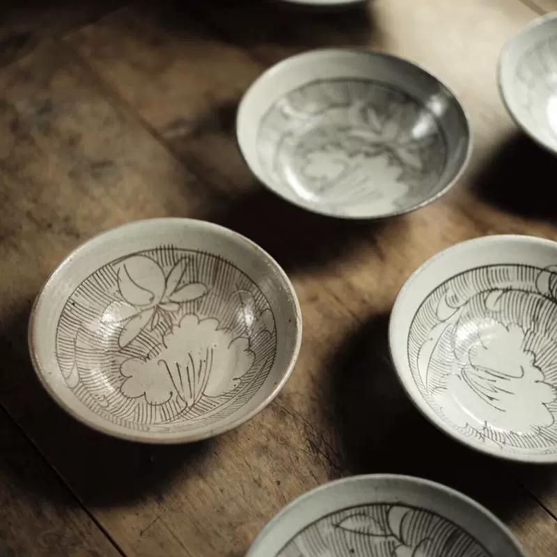 素云里白化妆剔花划花小碗粉引饭碗手作