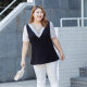 Fat MM large size women's summer loose slim romantic French lace lace V-neck short-sleeved spliced ​​chiffon shirt top

