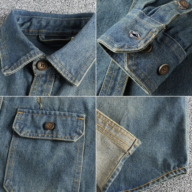 Sleeve patch splicing heavy wash old retro denim shirt men loose hard trendy youth shirt