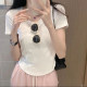 Fish bone top white short-sleeved T-shirt for women 2025 new summer design niche low neck front shoulder short t-shirt
