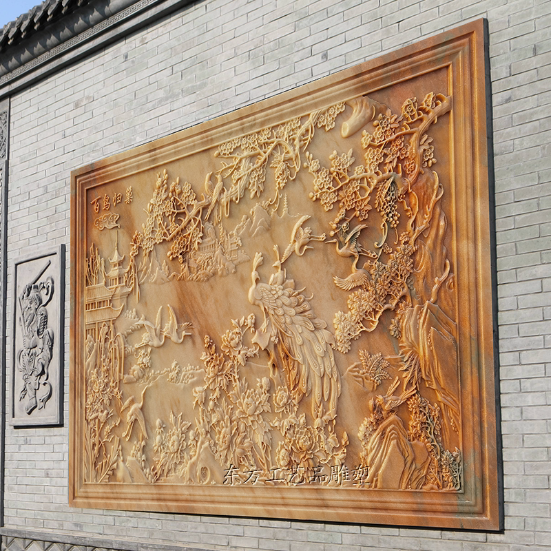 石雕浮雕晚霞红壁画大理石照壁屏风室内庭院装饰地雕影壁墙玄关花