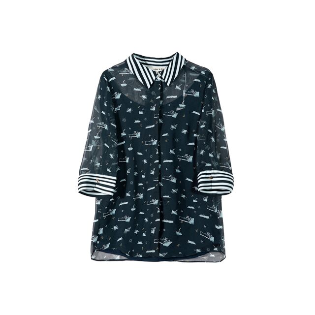Ish Xia Lanwei five -point sleeve printed chiffon shirt female summer new design sense shows thin shirt fake two tops