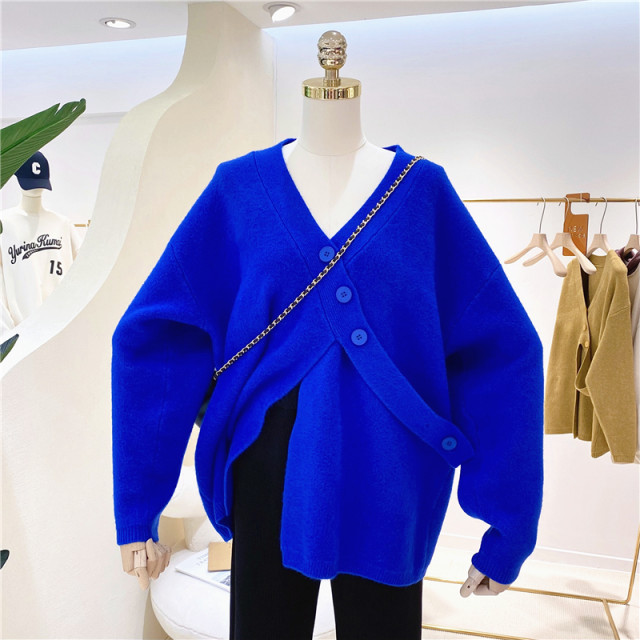 Design buttons lazy v-neck Typhoon solid color loose large size New Year red knitted sweater jacket women's fashion