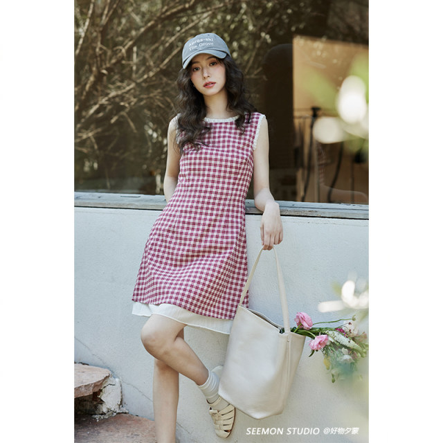 
Ximeng 2025 new summer Korean unique temperament skirt high-end small red plaid dress