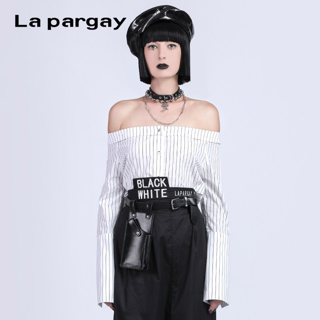 Napajia autumn new women's shirt one-length collar striped design off-shoulder long-sleeved shirt for women's counter genuine