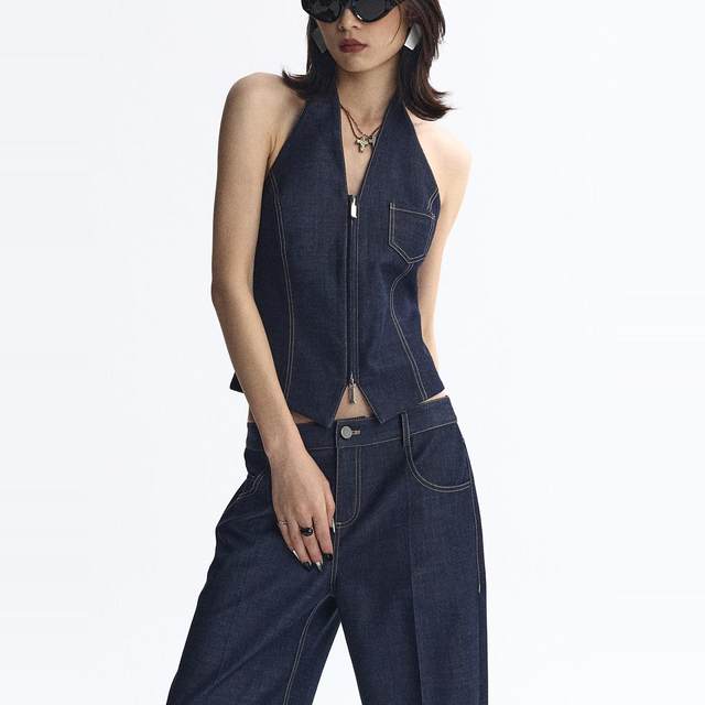 Ourhour retro danning halter neck V-neck zipper bright wire tensile denim vest women's spring design vest